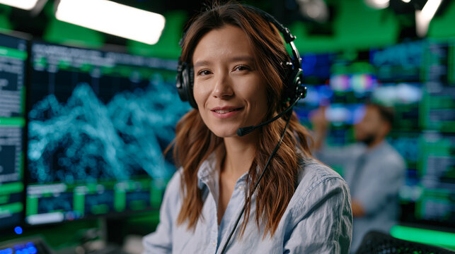 Broadcast journalist records explainer segment in television studio with AI search engine evolution timeline displayed on green screen behind her, floor director signaling countdown while teleprompt