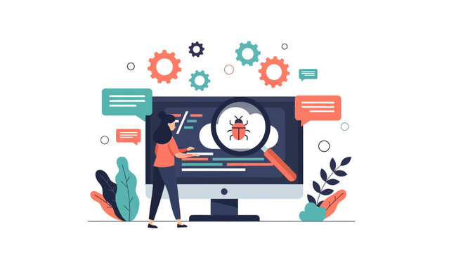 Software Debugging Concept featuring female developer inspecting bug on monitor with magnifying glass and gears, ideal for tech blogs and software development marketing.