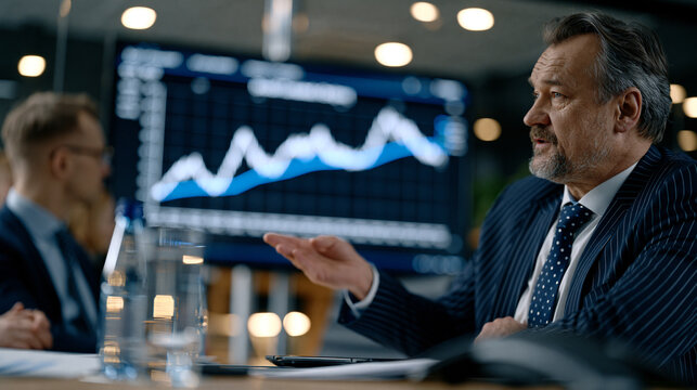 Central bank economist presenting quantitative easing bond purchase chart to senior monetary policy committee in government building conference chamber, asset purchase program, liquidity injection .