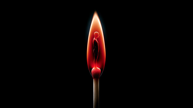 Rotes Streichholz brennt mit heller Flamme vor schwarzem Hintergrund