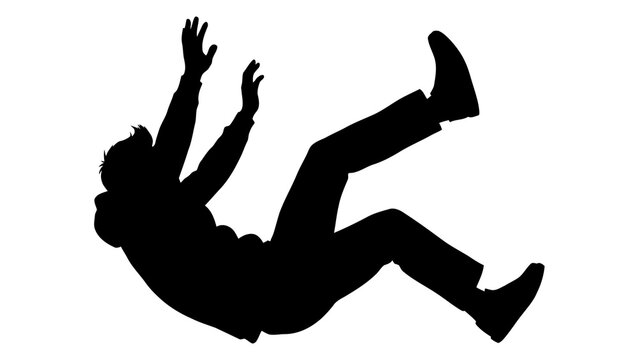 Black silhouette of a man falling backward isolated on a white background