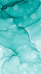 Abstract turquoise fluid with circular bubbles and flowing patterns.