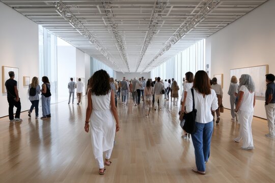 Visitors explore a modern art gallery during a bustling afternoon