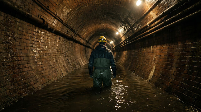 Person walking through a dark and wet underground tunnel.