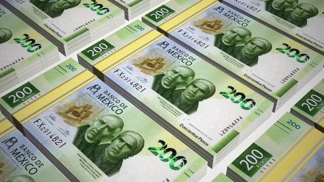 Stacks of 200 MXN or Two Hundred Mexican Peso banknotes or currency. Neat Rows of Mexican 200 Peso Bank note in 3D Motion. 4k Animation.