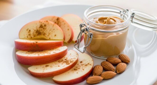 Slices of fresh red apple with cinnamon and almond butter