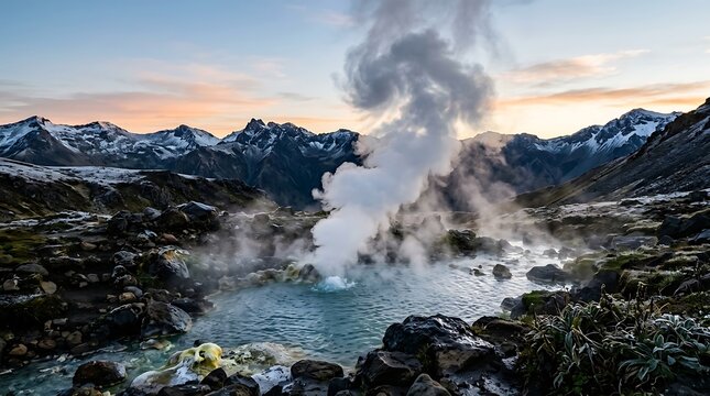 Geothermal hot spring pool steaming amidst cold snowy mountain peaks