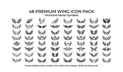 Obraz premium Elegant Wing Icon Pack with Angel Wings Feather Symbols and Flight Emblems Vector Set