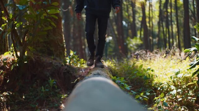 Low angle shot of person in boots stepping on a fallen tree trunk in green woods, moving forward concept