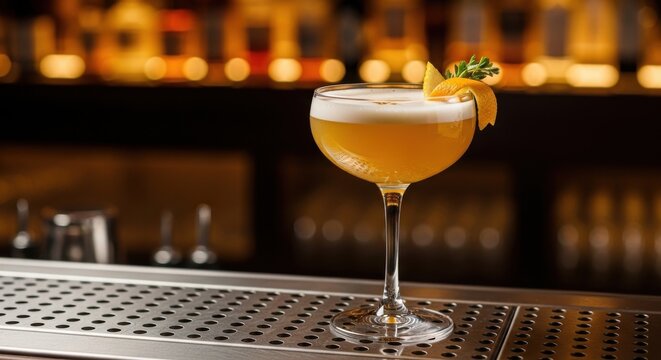 Elegant craft cocktail in a coupe glass on a bar counter