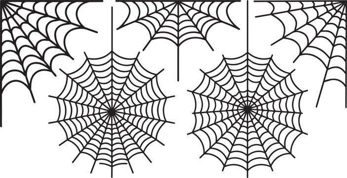 Spiderweb varieties set. Black mesh patterns with halloween party ornament. Sticky trap of intertwining dangerous vector lines