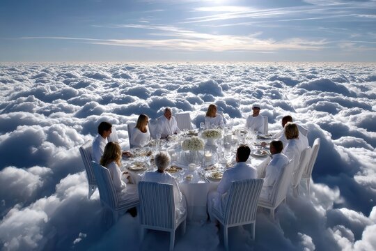 Gathering of friends sharing a meal on a table set above the clouds at midday