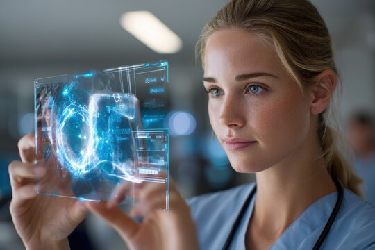 Professional woman analyzes futuristic technology in a modern medical environment