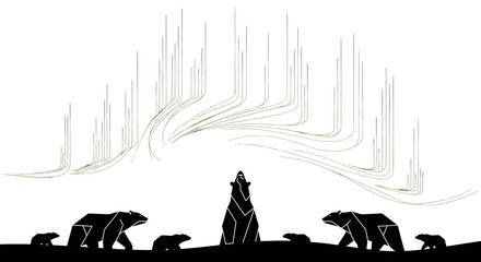 Minimalist Polar Bear Family Silhouette under Aurora Borealis © NafiCraft
