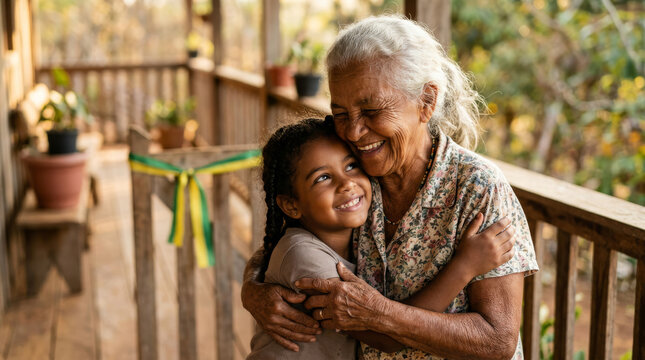 A radiant Brazilian grandmother and granddaughter share a warm hug on a rustic veranda.