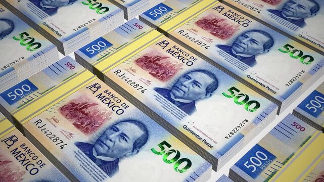 Stacks of 500 MXN or Five Hundred Mexican Peso banknotes or currency. Neat Rows of Mexican 500 Peso Bank note in 3D Motion. 4k Animation.
