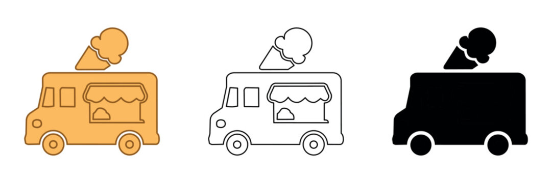 Set of three ice cream truck icons in different styles: color, outline, and solid