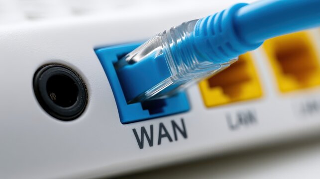 Close-up of an Ethernet cable plugged into a WAN port on a router, highlighting network connectivity and internet access.