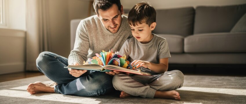 A Caring Father and Son Enjoy Reading Together at Home in a Cozy Living Room with Soft Natural Light and Warm Atmosphere