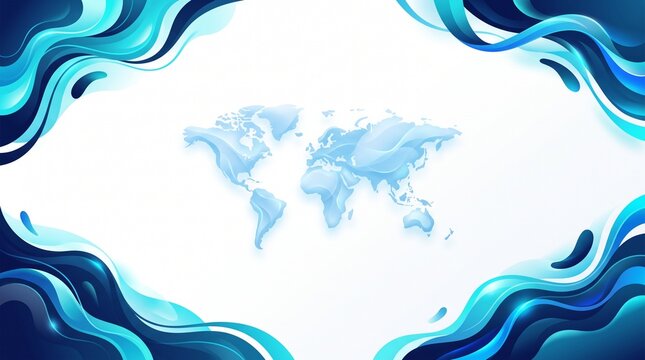 Abstract blue fluid wave background with stylized world map on white background