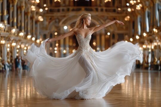 Elegant model twirling in a flowing dress at a grand indoor location during evening festivities