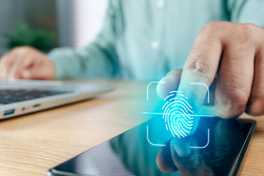 Close-up of Fingerprint Biometric Verification on Smartphone for Secure Mobile Authentication Digital Identity Cybersecurity Access Control and User Identity Protection
