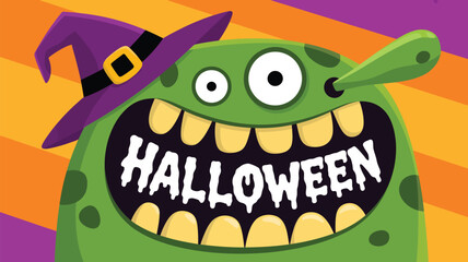Fototapeta premium Friendly green monster wearing a spooky witch hat for Halloween celebration against striped background