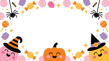 Fototapeta premium Friendly Halloween characters and candies create a colorful border on white background