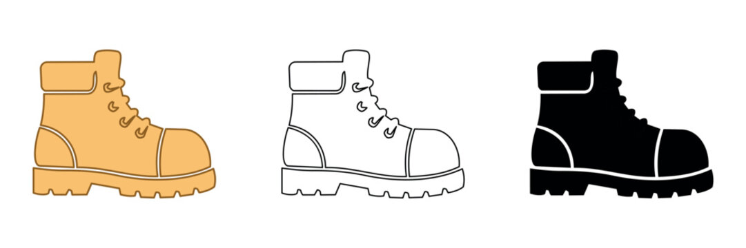 Set of three boot icons: colored, outline, and silhouette styles