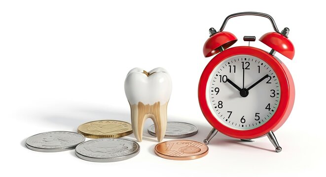 A red alarm clock with a heart emblem sits beside a tooth and a stack of coins on a black surface. The clock displays the time 1:49.