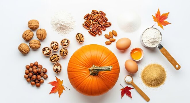 A vibrant orange pumpkin sits amidst a collection of autumnal baking ingredients. Pecans, walnuts, hazelnuts, sugar, flour, eggs, and maple leaves are arranged on a white surface.