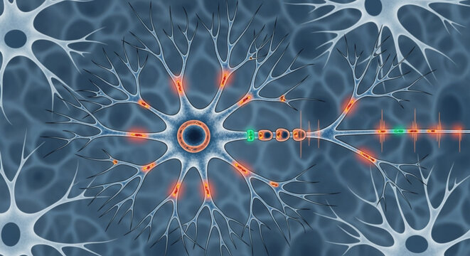 Detailed view of neural network cells with glowing synapses on a deep blue background