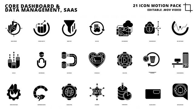Editable motion MOV Animation, Core Dashboard , Data Management Business , Saas UI UX Vector Icon Pack Motion Bundle in Modern Solid Black Style for Software Dashboard Development