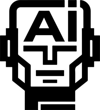 Geometric robot face, AI robotic head, black and white icon, futuristic technology symbol
