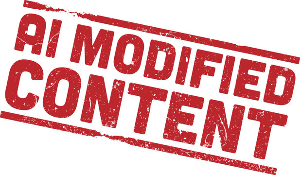 red rectangular grunge rubber stamp with text AI MODIFIED CONTENT, ai generated content warning
