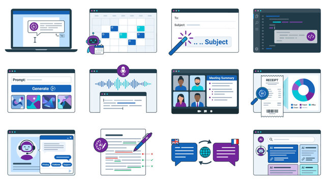 AI productivity tools collection with writing assistant email drafting code completion and workflow automation vector set