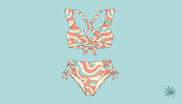 Stylish two-piece bikini swimsuit with wavy peach and teal patterns featuring ruffled straps and cross-back detailing.