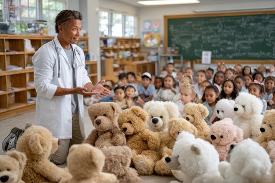 Pediatrician conducts a teddy bear clinic for children in a classroom setting