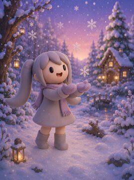 Cute 3D Clay Mascot Enjoying Snowfall in Magical Winter Wonderland at Twilight