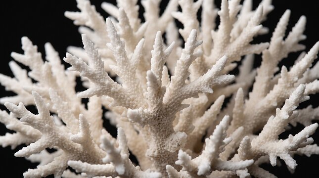 Dried white acropora coral specimen macro close-up, intricate three dimensional branching structure with granular texture on black background, natural luxury marine object Indonesia