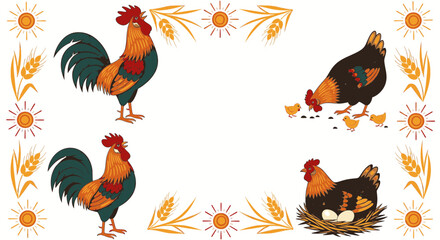 Farm Poultry Illustration Set with Roosters and Hens Vector © NafiCraft