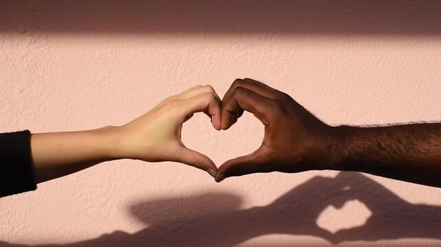 Diverse hands forming heart shape on textured wall with shadows, symbolizing love and unity