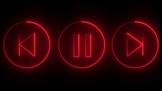 Glowing neon sounds play, and next and previous arrow button symbols icon. Music arrow button symbol. neon arrow sign.4k animation motion graphics video.