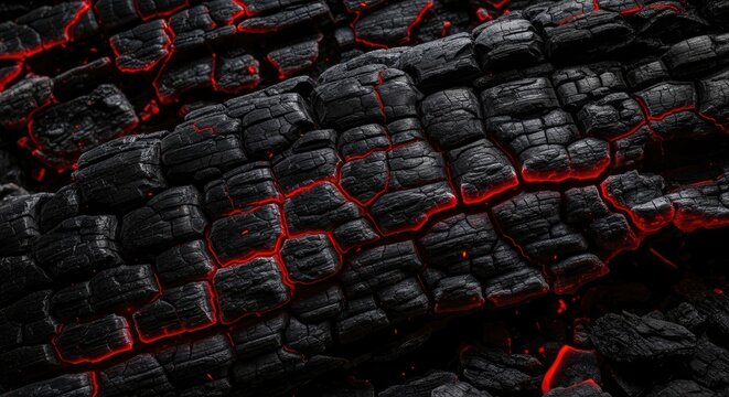 A close-up shot of charcoal, highlighted with vibrant red glowing lines. The charcoal surface displays a rough, textured pattern resembling volcanic rock.