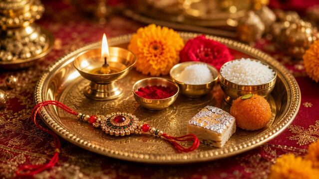 Traditional Raksha Bandhan Puja Thali with Designer Rakhi, Lit Diya, Kumkum, Akshat and Indian Sweets for Hindu Festival Celebration