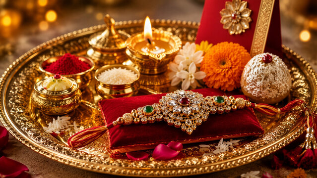 Luxury Raksha Bandhan Puja Thali with Designer Rakhi, Sacred Diya, Kumkum, Akshat and Traditional Indian Sweets for Festive Celebration