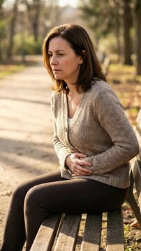 Mature female discomfort: urinary incontinence, bladder weakness, pelvic floor, abdomen pain, suffer ailment, outdoor park, woman sit, health problem, body ache, feel unwell, medical issue.