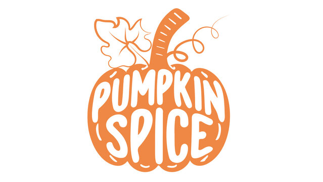 Pumpkin spice lettering design inside an orange pumpkin outline with a leaf
