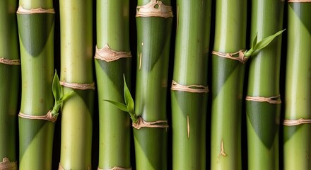 Fototapeta premium A close-up shot of a vertical arrangement of bamboo stalks. The stalks display varying shades of green, with darker green near the base and lighter green towards the tips.