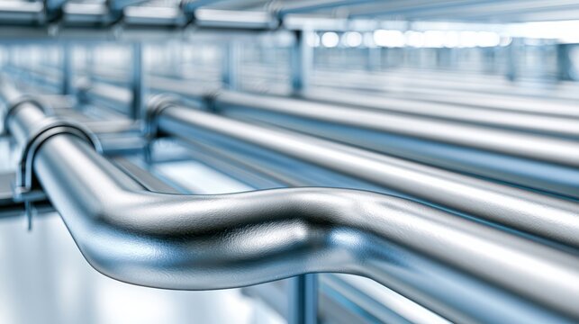 Shiny, smooth metallic pipes arranged in parallel, reflecting light in an industrial setting with a cool blue tone.
